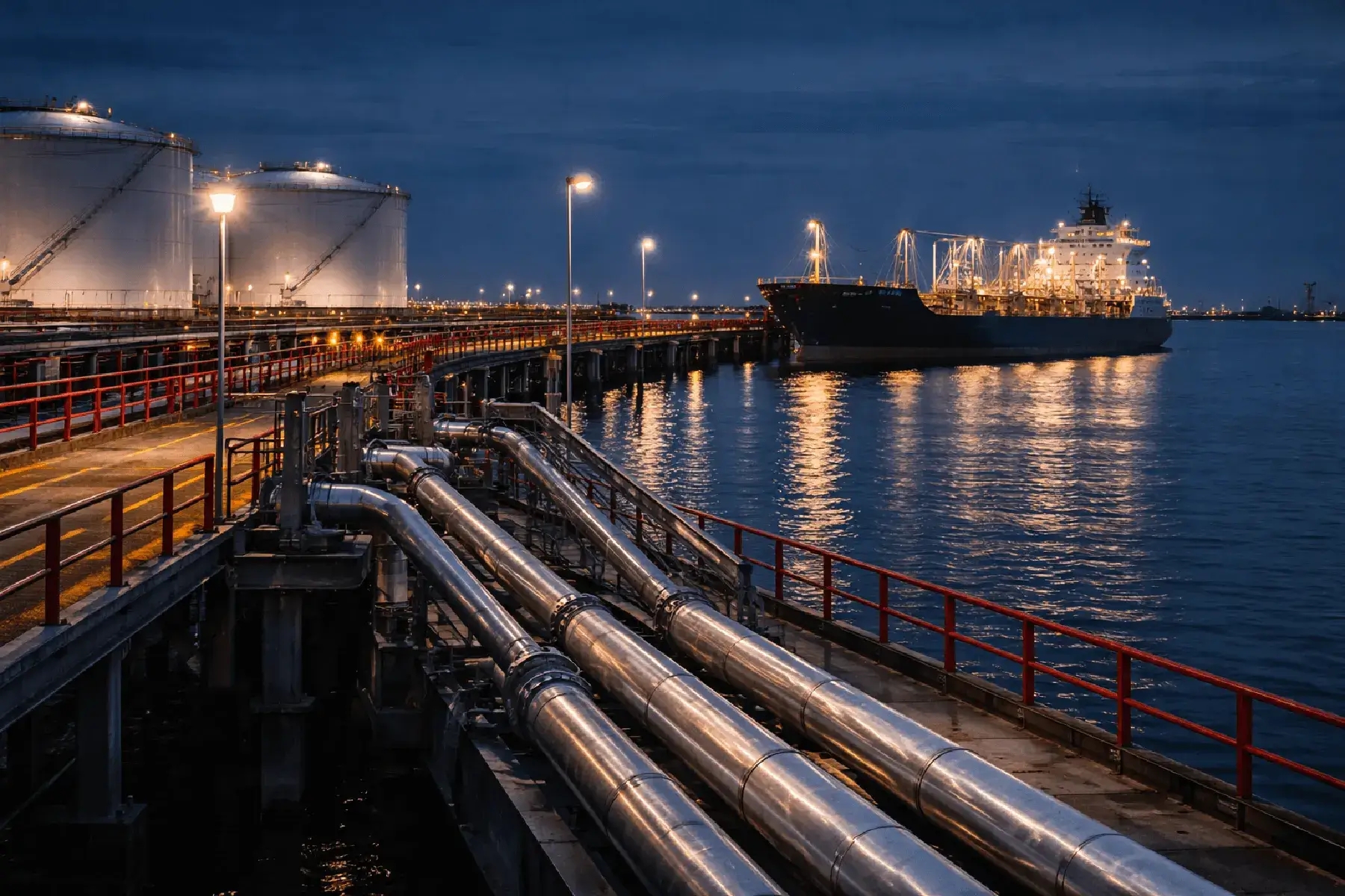 Jetty and vessel loading infrastructure at blue hour.